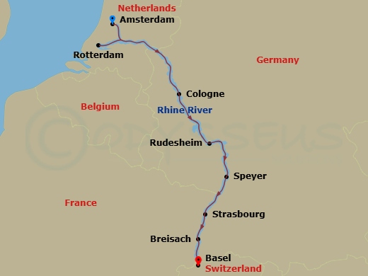 7 Night Rhine Amsterdam - Basel itinerary map
