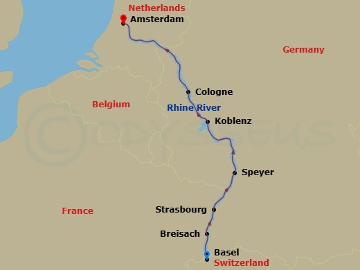 7 Night Rhine Basel - Amsterdam itinerary map