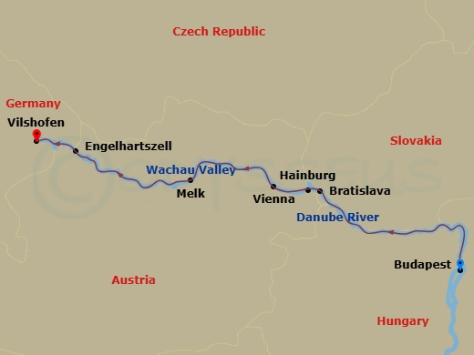 7 Night Danube - Budapest & Vienna itinerary map