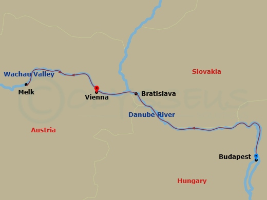 7 Night Danube - Budapest New Year's itinerary map