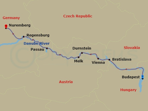 7 Nights Danube Budapest-Vienna-Nuremberg itinerary map