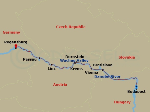 7 Night Danube - Budapest - Regensburg itinerary map