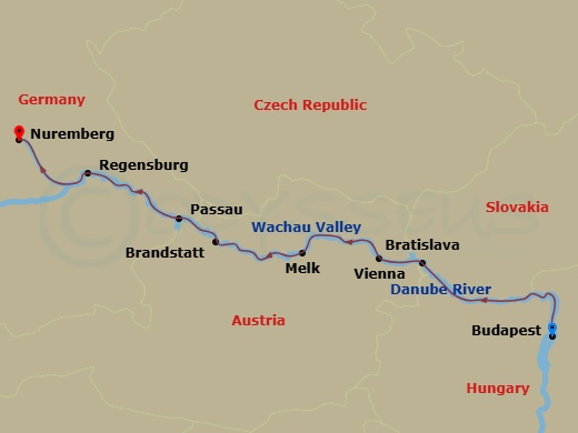7 Night Danube River - Christmas Markets itinerary map