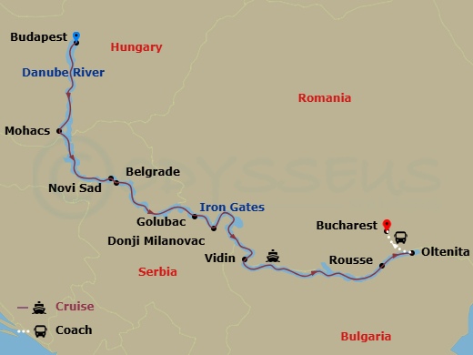 8N Danube - Budapest To Bucharest itinerary map
