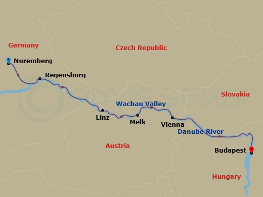 7 Nights Danube - Nuremberg-Budapest Xmas itinerary map