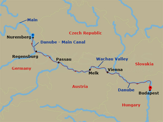 7 Nights Danube Nuremberg-Vienna-Budapest itinerary map