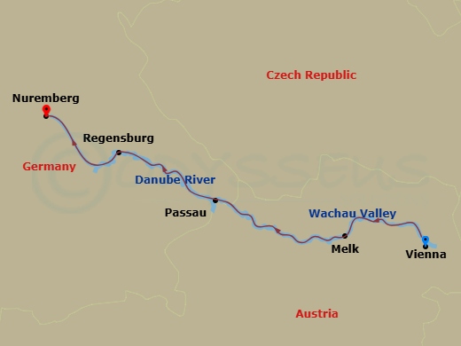 6 Nights Danube Xmas Mkt Vienna-Nuremberg itinerary map