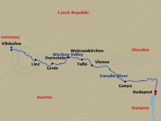 7 Night Danube River - Vienna & Budapest itinerary map