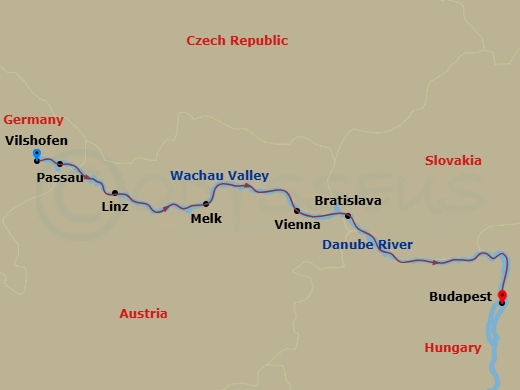 7 Night Danube River - Christmas Markets itinerary map