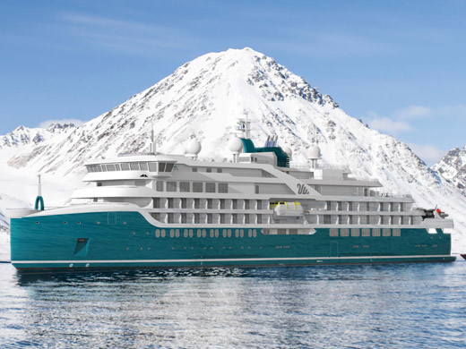 Swan Hellenic SH Diana expedition ship below a snow-capped polar peak